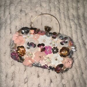 Embellished Floral Sequin Evening Clutch - Pink Multicolor